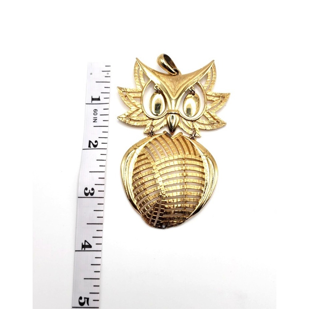 Alan Signed Vintage Owl Pendant Necklace Gold Tone 3.5 in Retro Modern Jewelry - Picture 3 of 4